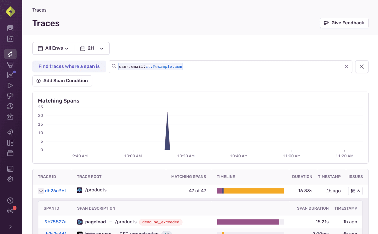 View of trace explorer with one span conditions set